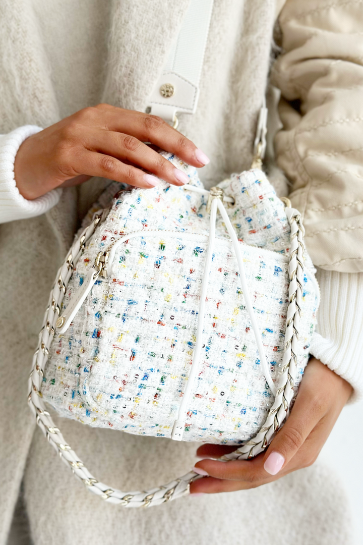 White Boucle Crosby Drawstring Bucket Bag