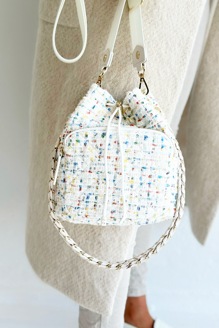 White Boucle Crosby Drawstring Bucket Bag